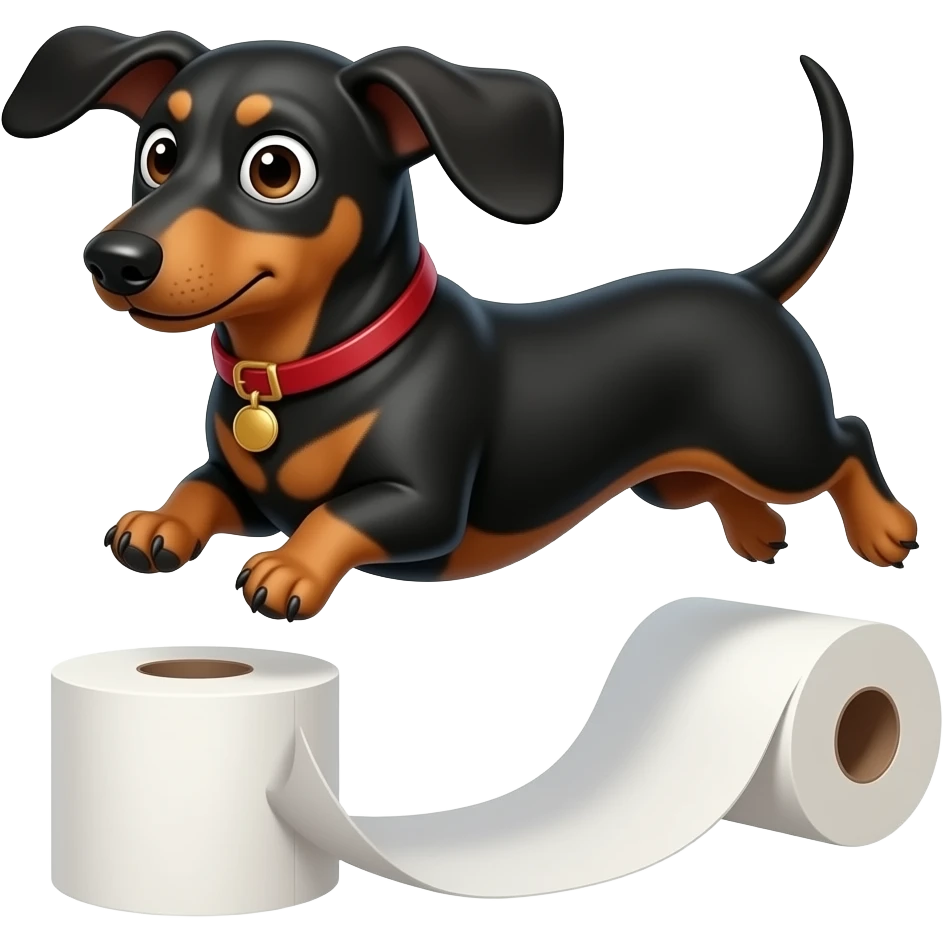 whimsical dachshund wide eyes full body jumping over toilet paper emoji