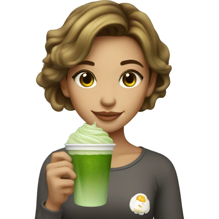 Beautiful girl with brawn hair holding cup of iced matcha  emoji