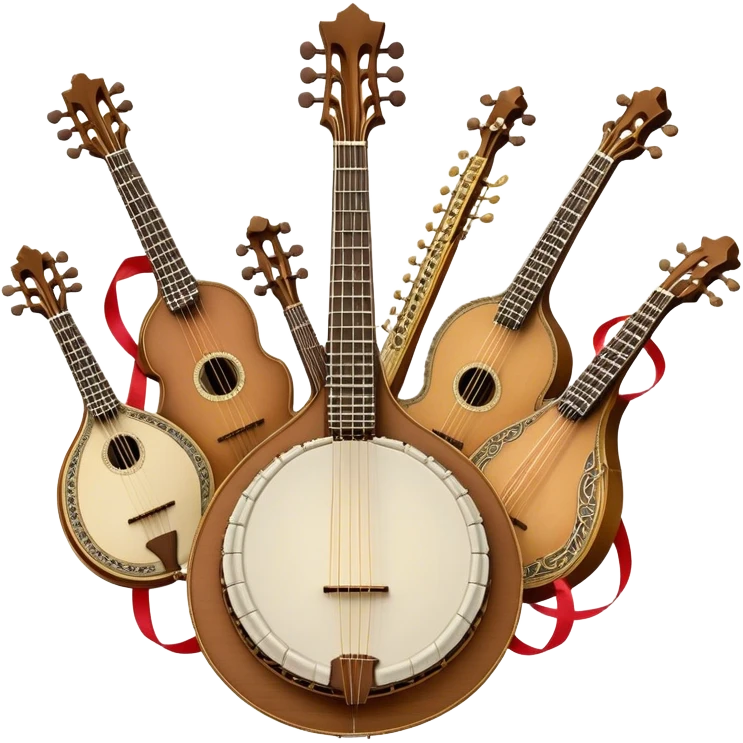 Design a complex and festive emblem-like emoji representing plucked string instruments, such as a banjo, mandolin, domra, sitar, and similar instruments. The composition should resemble a heraldic crest, with the instruments arranged symmetrically and gracefully, their necks intertwining with a flowing ribbon of musical notes. The ribbon should weave through the strings and headstocks, symbolizing the harmonious connection between the instruments. Use detailed engraving on the instrument bodies and fretboards to emphasize their craftsmanship. Incorporate rich, celebratory colors like gold, mahogany brown, deep green, and vibrant accents. Add subtle shading and light reflections to create a three-dimensional, polished look. Include ornate elements like swirls, laurel leaves, and decorative flourishes to enhance the festive and professional appearance. The background should be transparent to highlight the emblem as a standalone piece. emoji