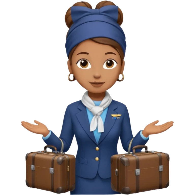 flight attendant, Light Brown skin, brown hair in single bun, neck scarf, suitcase emoji