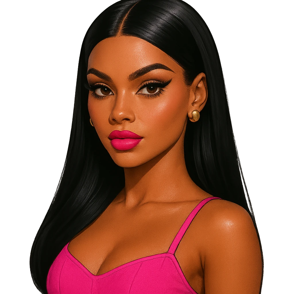 Barbie-inspired baddie with sleek black hair, brown skin, bold makeup, dark brown eyes, gold stud earrings emoji