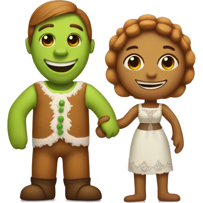  a gingerbread man and shrek holding han emoji