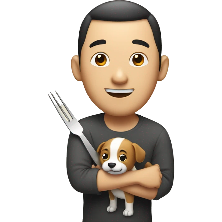 Chinese man with knife and fork smiling with dog emoji