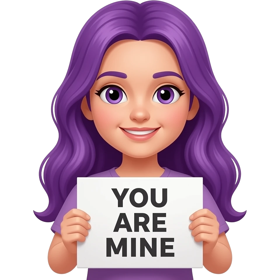 girl with long purple hair holding a YOU ARE MINE sign emoji