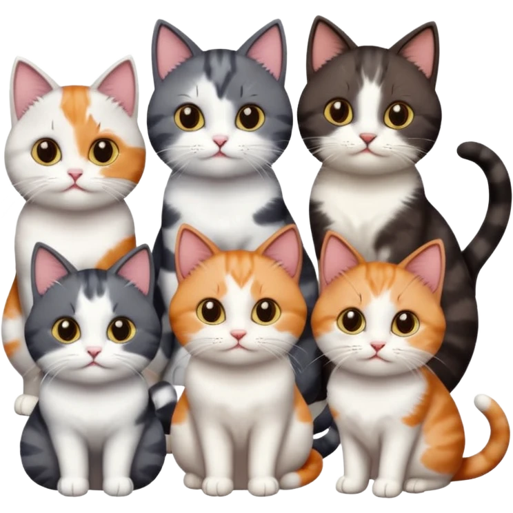 5 different coloured short haired cats including; a dark brown and white cat, and a dark grey and white, and a calico emoji