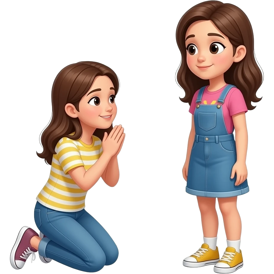 a girl kneeling on knees saying sorry to another girl emoji