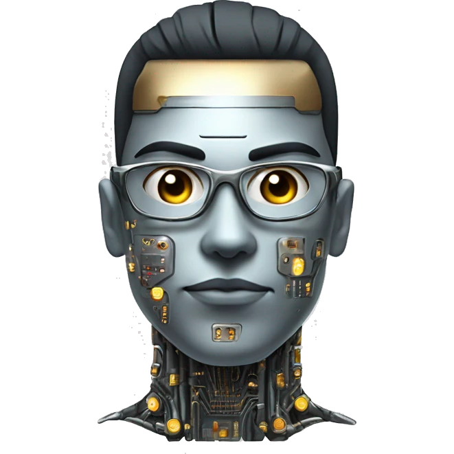 Male cyborg head with metallic skin, flat top, rectangular glasses and circuits emoji