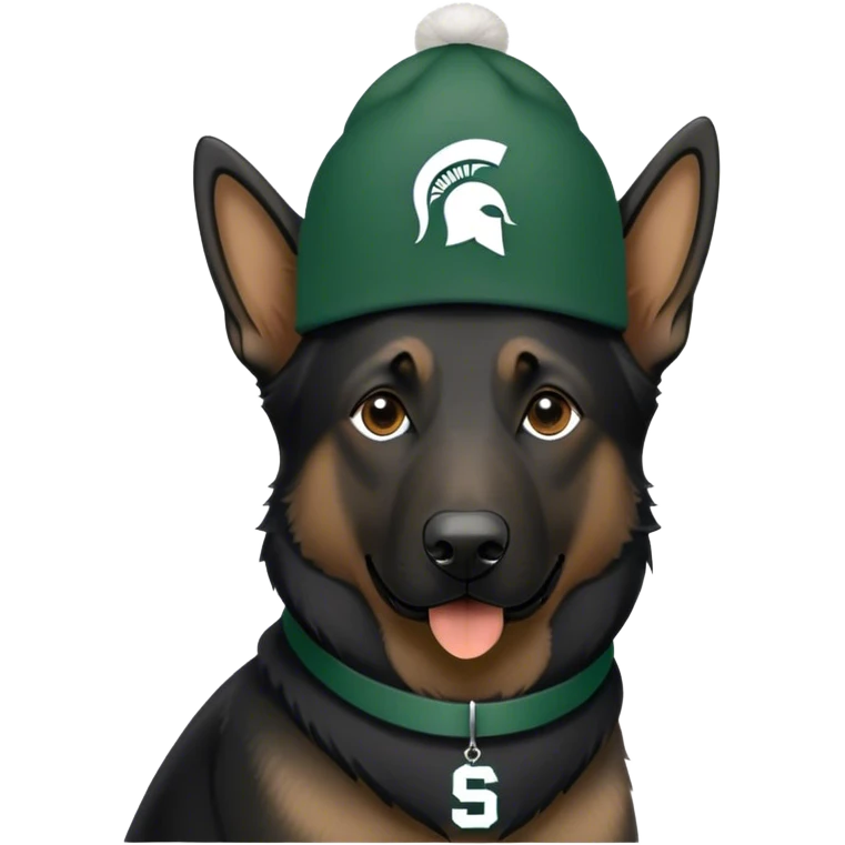 Black German shepherd wearing a Michigan state spartan hat emoji