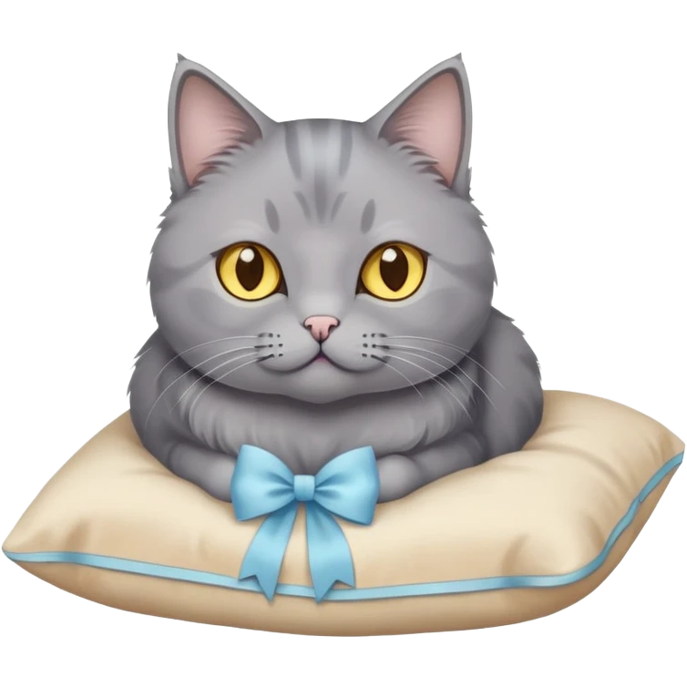 A grey cat with yellow eyes and a light blue bow sits on a beige pillow



 emoji