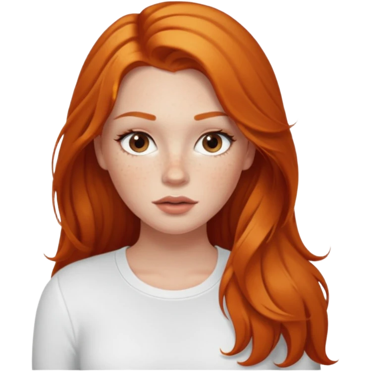 A white girl with freckles long lashes plump lips and ginger long hair pretty and she’s wearing a white shirt full body emoji