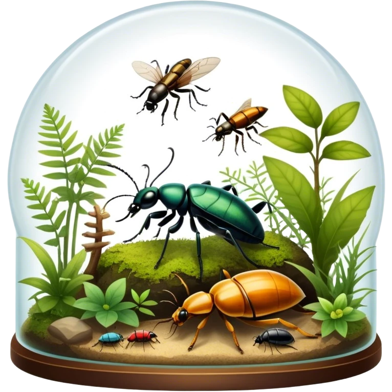 Close-up of home insects inside a terrarium, showcasing beetles, praying mantises, and other exotic species in vivid detail, with natural textures of the terrarium. Soft lighting highlights their features. Transparent background. emoji