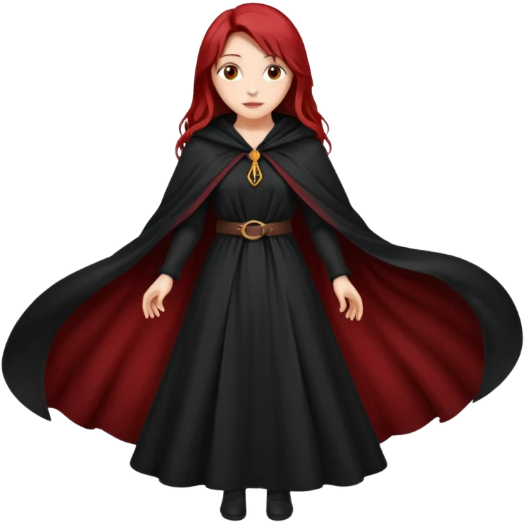 a beautiful woman with long red hair reaching her waist, hazel eyes, and wearing a black cloak emoji