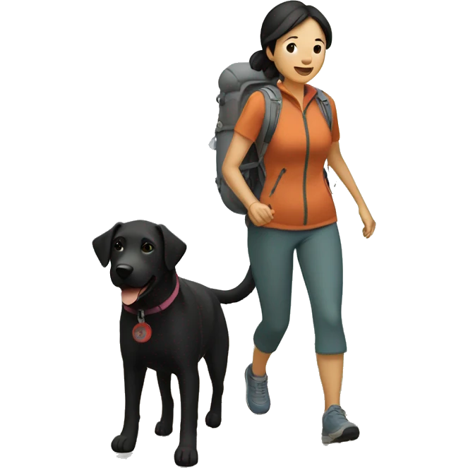 asian woman hiking with black lab dog emoji