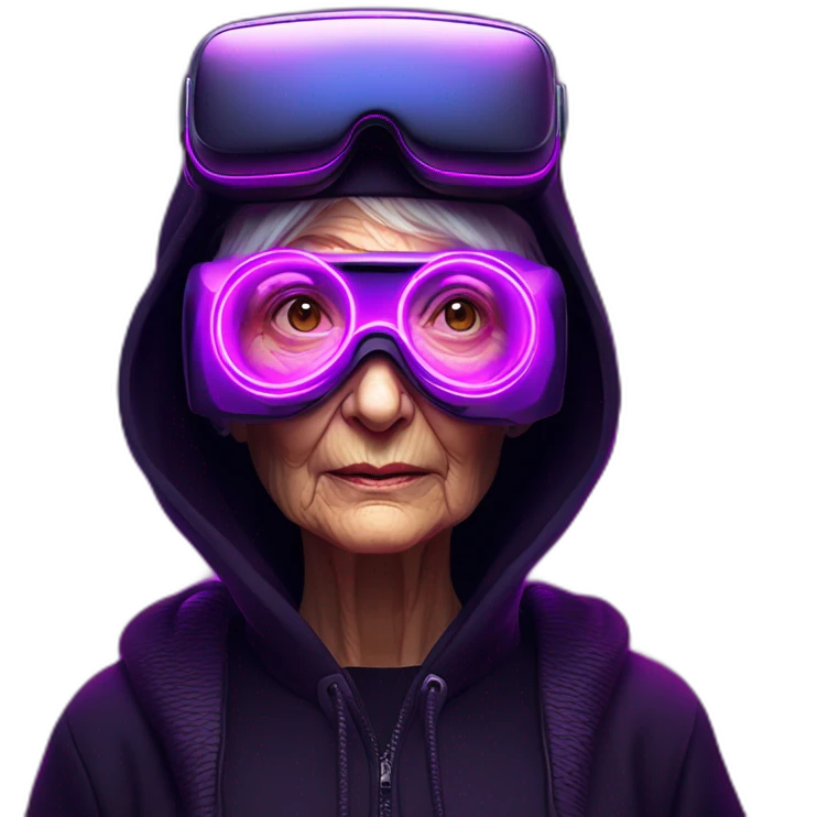 Russian old woman wearing a black hoodie with "OMG" letters on it and VR headset in a cyberpunk VR environment with violet neon lighting. emoji