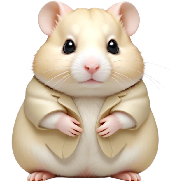 Cinematic Noble Cream Hamster Portrait Emoji, Poised and regal, with a tiny, compact build and a smooth, pristine cream coat, deep-set soulful dark eyes, Simplified yet sharp and sophisticated features, highly detailed, glowing with a soft, dignified glow, high shine, intelligent and energetic, stylized with an air of miniature elegance, focused and attentive, soft glowing outline, capturing the essence of a watchful and confident rodent, so majestic it feels as though it could scurry out of the screen with effortless authority! emoji