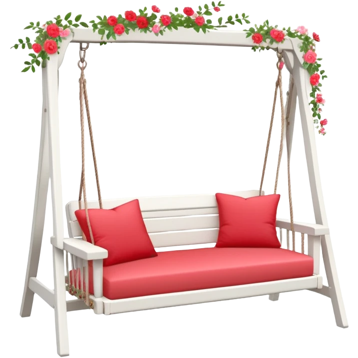 Romantic white wooden pastel-red cushions couch-swing with tiny flowers around emoji