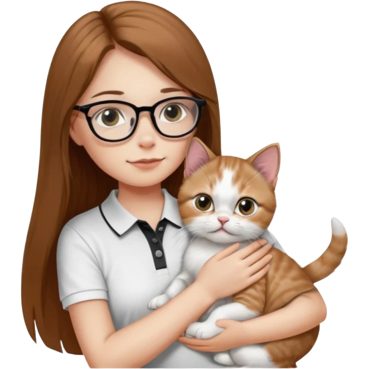 a girl with long brown straight hair, in a white a black polo t-shirt, with eyeglasses hugs a persian kitten 3 months old had a half spot black on her face and white one cat. emoji | AI Emoji Generator emoji