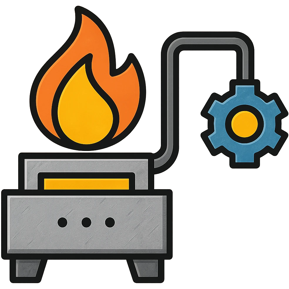 Add metallic elements to the forge engineered industrial flame icon, keep color outline icon style, modern, clean, black outlines with color accents, with no background emoji