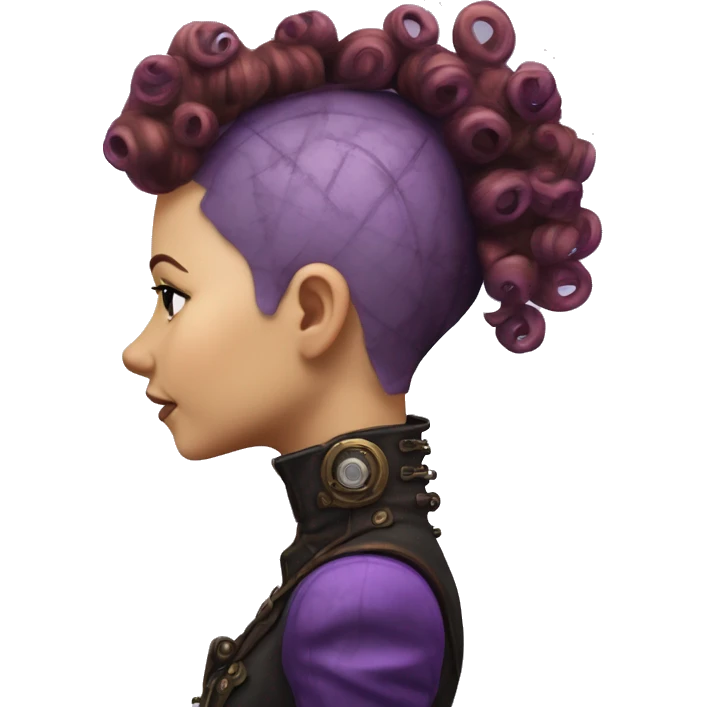 Photorealistic steampunk profile short mohawk purple  curl on Caucasian girl with small nose round face emoji