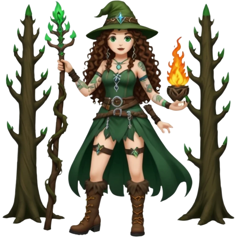 full body view of a woman with long curly brown hair, brown eyes, white skin, tattoos, wearing a forest witch outfit with high boots and rune belt, casting green flame from her hand emoji