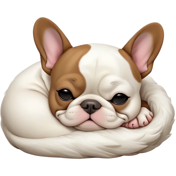 Meme-Worthy Cute Sleeping Pied French Bulldog Portrait Emoji, Head resting peacefully with a gentle, contented smile and eyes softly closed in serene repose, showcasing a distinctive pied fur of contrasting hues and a lovable, relaxed expression, simplified yet irresistibly adorable, highly detailed, glowing with a soft, drowsy radiance, high shine, exuding calm, endearing charm, styled with a gentle, soft glowing outline, capturing the essence of a sleeping Pied French Bulldog that appears destined to be the next viral symbol of adorable, sleepy delight! emoji