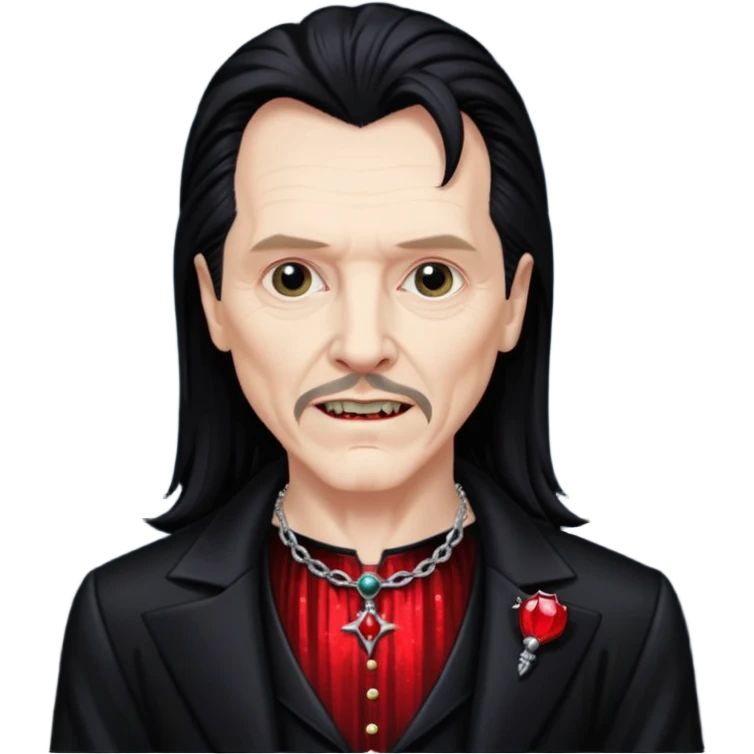 Gary Oldman as Dracula with long black hair, black sequin outfit, shirtless with necklace emoji