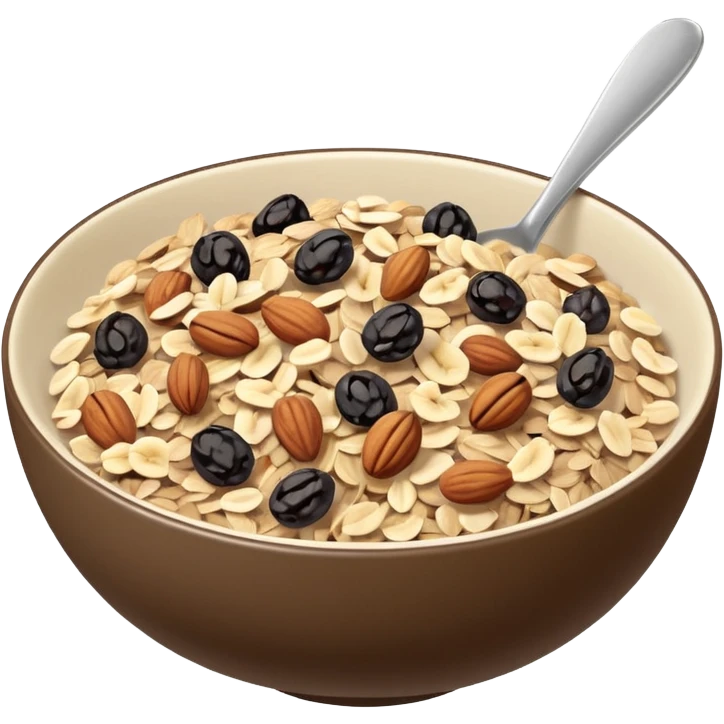 apple style emoji small shallow bowl of muesli, visible mix of beige rolled oats, dark brown raisins, light brown nuts, seeds, clean 3D minimal soft lighting clear forms, no anthropomorphic elements, no milk, no yogurt, no spoon, transparent background, emoji scale emoji