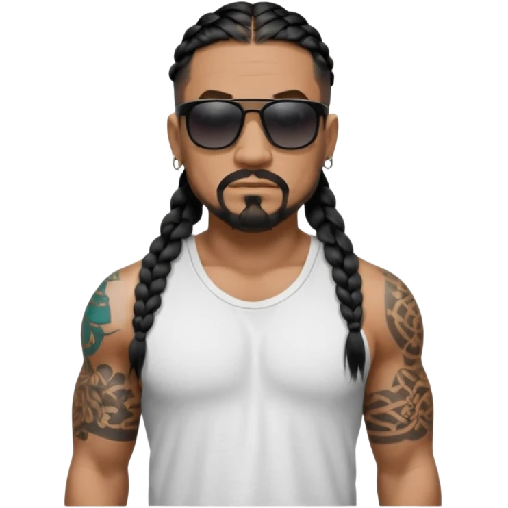 Samoan male. Chin goatee.
Untucked loose fitting white t-shirt. 
long black braided hair.
very muscular.
Even More tattoos. 
Tough and menacing.
Dark black square sunglasses. emoji
