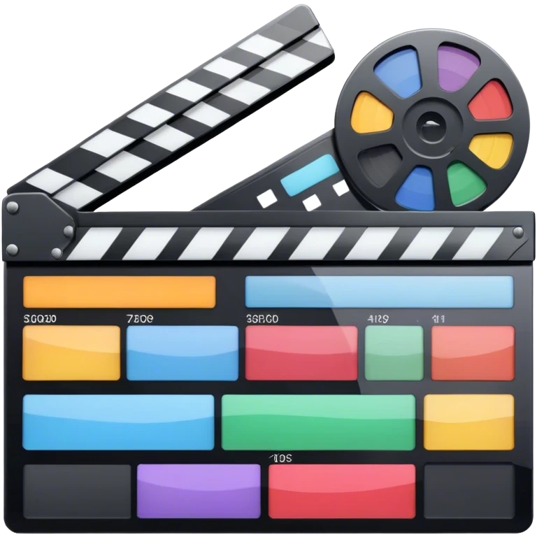 Create an emoji representing video editing. The design should feature a video editing software interface with a visible timeline, video clips, and audio tracks. Include elements like a film strip or a clapperboard to represent the filmmaking aspect. No smiley faces. Make the background transparent. emoji