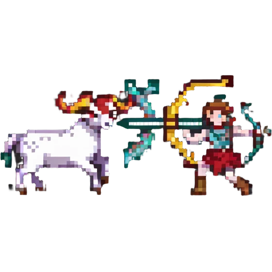Sagittarius defeating Aries ram, pixel art style emoji