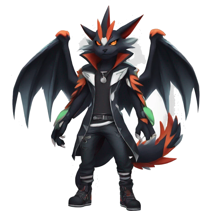 Cool Anthro Black Noivern-Absol-Litten-Pokémon with edgy stripes hoodie spiked collar punk Full Body emoji