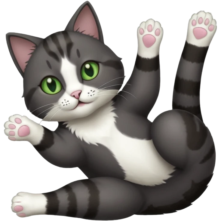 solid dark grey cat with green eyes, white toes/paws and white patch on her chest playfully rolling upside down emoji