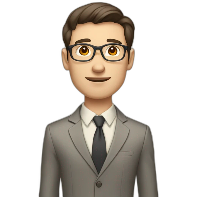 Pale skinned fit man with dark brown hair in gray jacket, beige office shirt, brown tie, brown pants and vintage glasses Writing on the marker board emoji