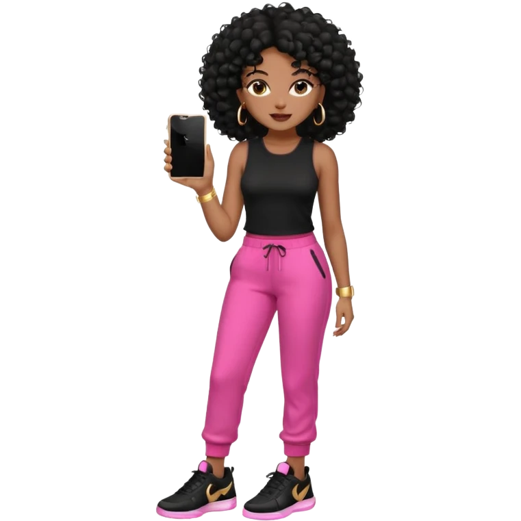 Black woman, adult, 4C black curly hair, dark brown eyes, wearing black top, pink pants, black sneakers, gold hoop earrings, iPhone emoji style emoji