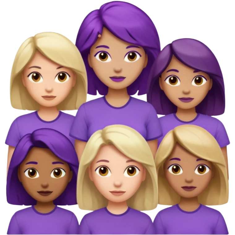 women with various hair types and skin tones, purple shirt, one of each type in a group emoji