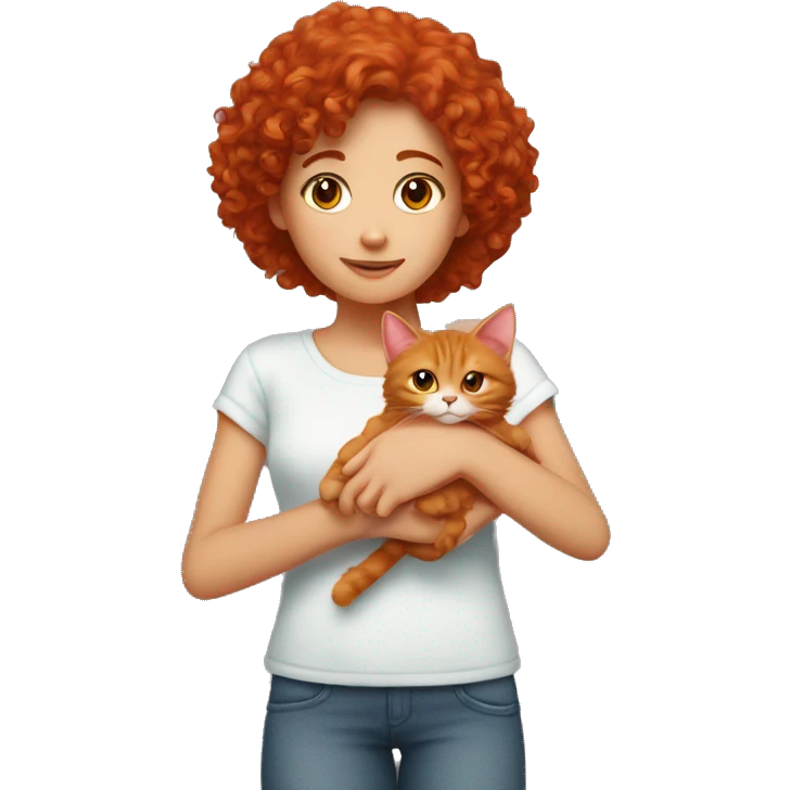 A red-haired curly-haired girl holds a red cat in her hands emoji