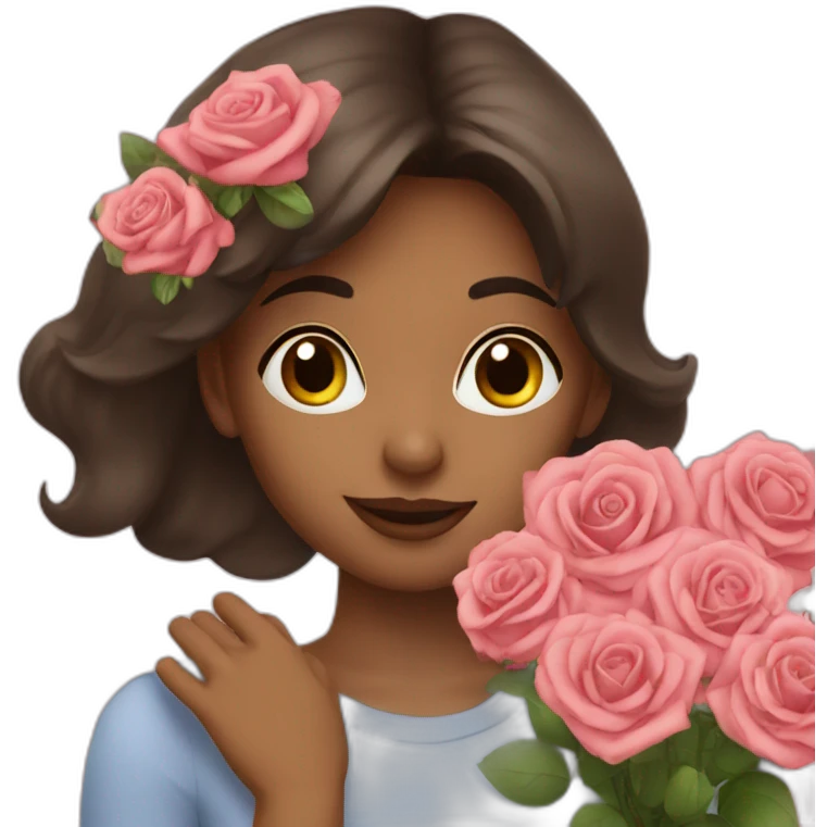 brunette girl smells  bouquet of roses emoji