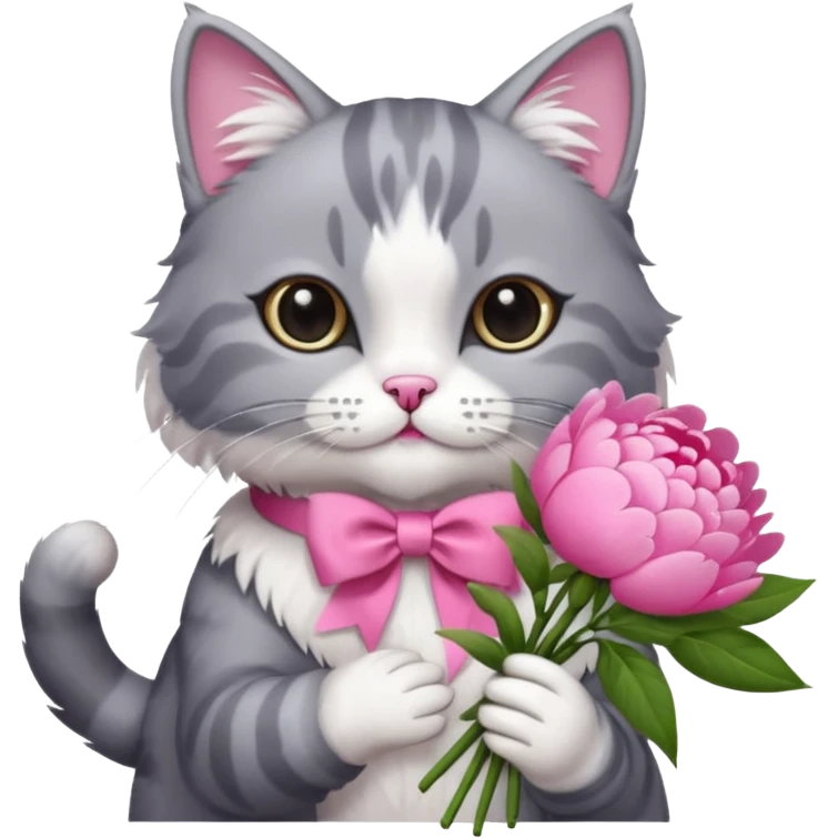Cute cat Handing pink peonies like reaching a hand and handing them out a bouquet of them not a physical hand the cats hand  make the cat fluffy and grey and white fluffier make the cat wear a pink coquette make her wear a pink coquette emoji
