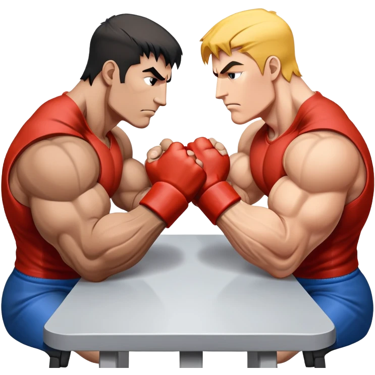 Two powerful arms locked in an intense arm wrestling competition. One arm is strong and steady, while the other strains to push back. The background shows a simple table with a focus on the clash of strength and determination. Transparent background. emoji
