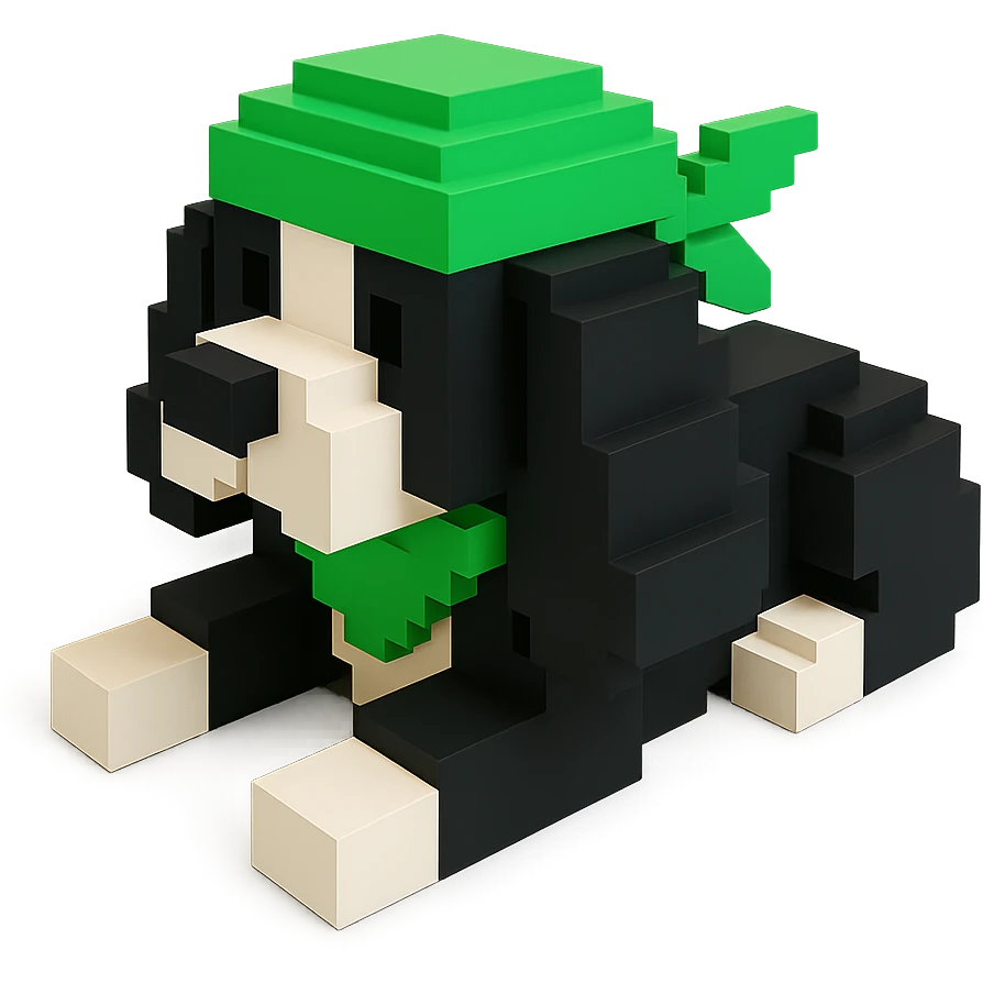 A black and white Russian Cocker Spaniel puppy wearing a green durag, voxel style, lying down emoji