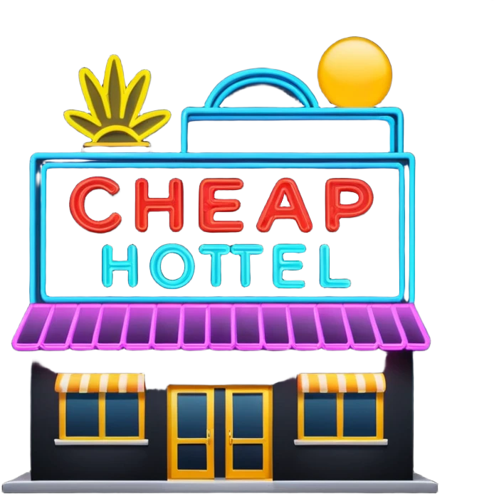 Hotel barato con letrero de neón en la fachada. emoji