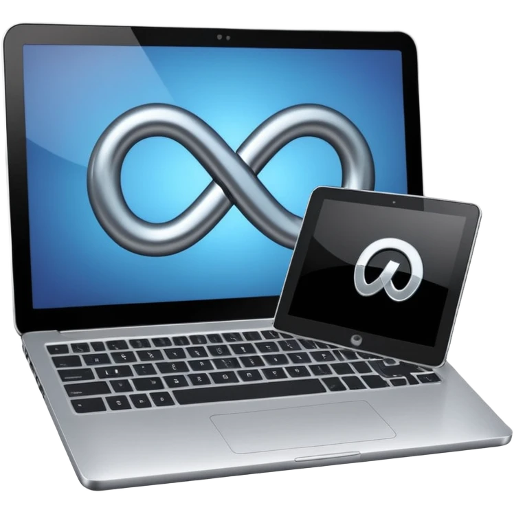 An infinity sign on a laptop and a video power button in the background emoji