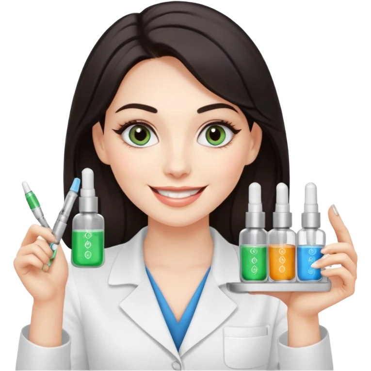 A smiling beautician with cold fake smile, calculating eyes, pointing at your cheek while holding 5 expensive serum bottle. predatory vibe.A face with a fake sweet smile, but the face is slowly consumed by shadows creeping from below. Only the cold, calculating eyes are visible in the dark emoji