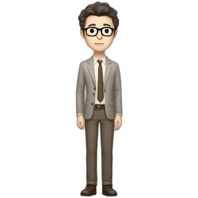 Full height Pale skinned Fit Man With dark brown hair in gray jacket, beige office shirt, tie, Brown pants and vintage glasses. Thrumbs of his palms directed up emoji
