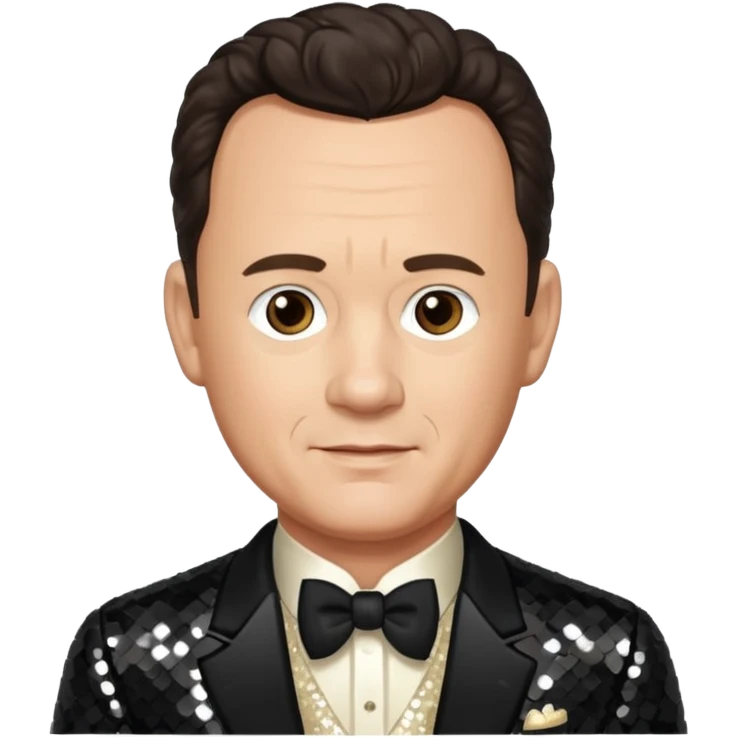 Tom Hanks with dark brown hair, ivory sequin outfit emoji