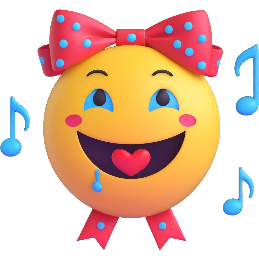 3D smiley emoji, large eyelashes, red polka dot bow, in love, heart-shaped pupils, blue eyes, musical notes emoji