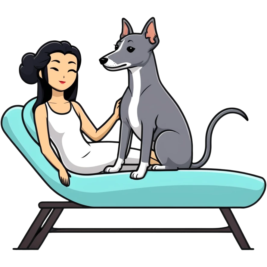 Very thin Chinese woman with long black hair relaxing on a spa lounger with exactly ONE whippet dog. EXTREME IMPORTANCE: the whippet must have a COMPLETELY GREY FACE with ABSOLUTELY NO WHITE MARKINGS anywhere on its face, muzzle, or nose. The entire dog must be ONE SOLID VERY DARK CHARCOAL GREY COLOR from nose to tail with NO WHITE or LIGHT AREAS anywhere - NO white on face, NO white on muzzle, NO white on chest, NO white on paws, NO white on tail - NOTHING BUT A SINGLE SHADE OF VERY DARK GREY throughout the entire animal emoji