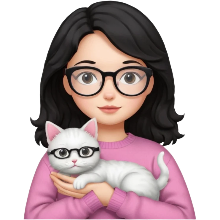 a girl with a black wavey hair, wearing a pink sweater and glasses, holding a cute white cat, only upper body, high quality. emoji