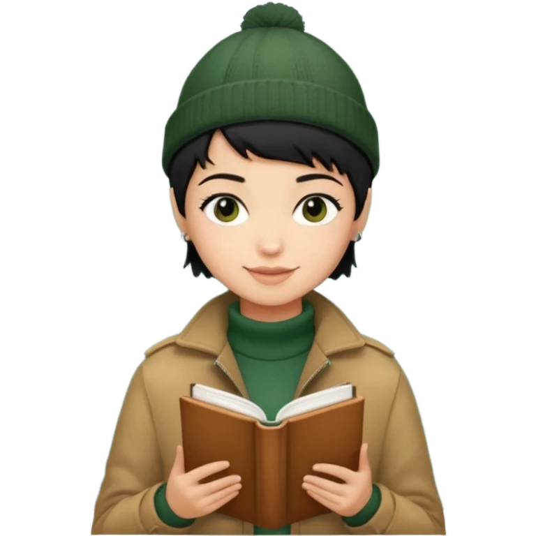 tan skin, non binary man with pixie cut black hair, wearing brown jacket and dark green beanie, shy smile , holding up  book  emoji