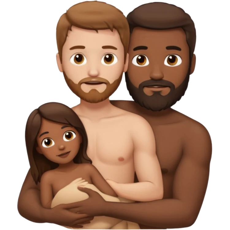 white guy with brown hair and beard, holding a brown girl with long dark hair in arms, naked, showing tits and pussy emoji